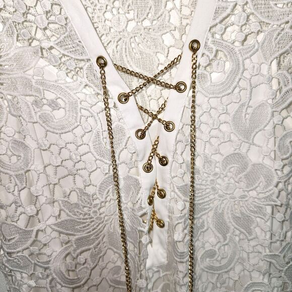 Michael Kors White Long Sleeve Lace Dress Gold Chain Detail Size Medium - Picture 5 of 11